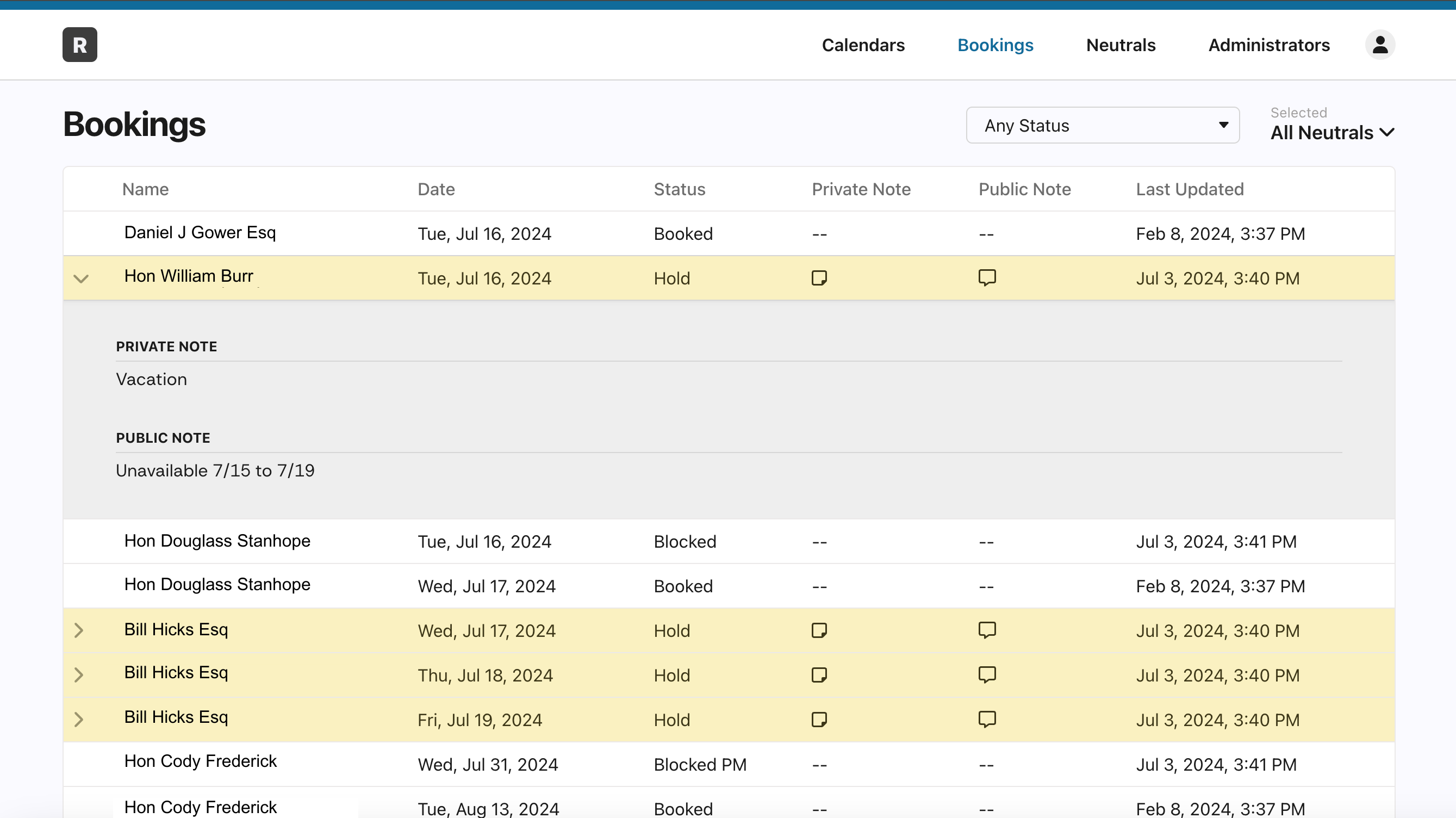 the scheduled ADR sessions on ResolveRoster's bookings page