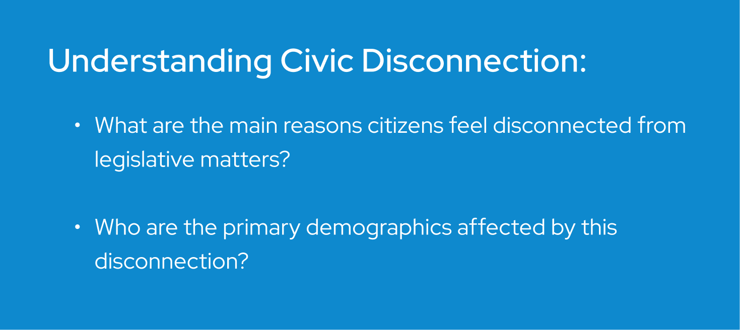 What are the main reasons citizens feel disconnected from legislative matters?  Who are the primary demographics affected by this disconnection?