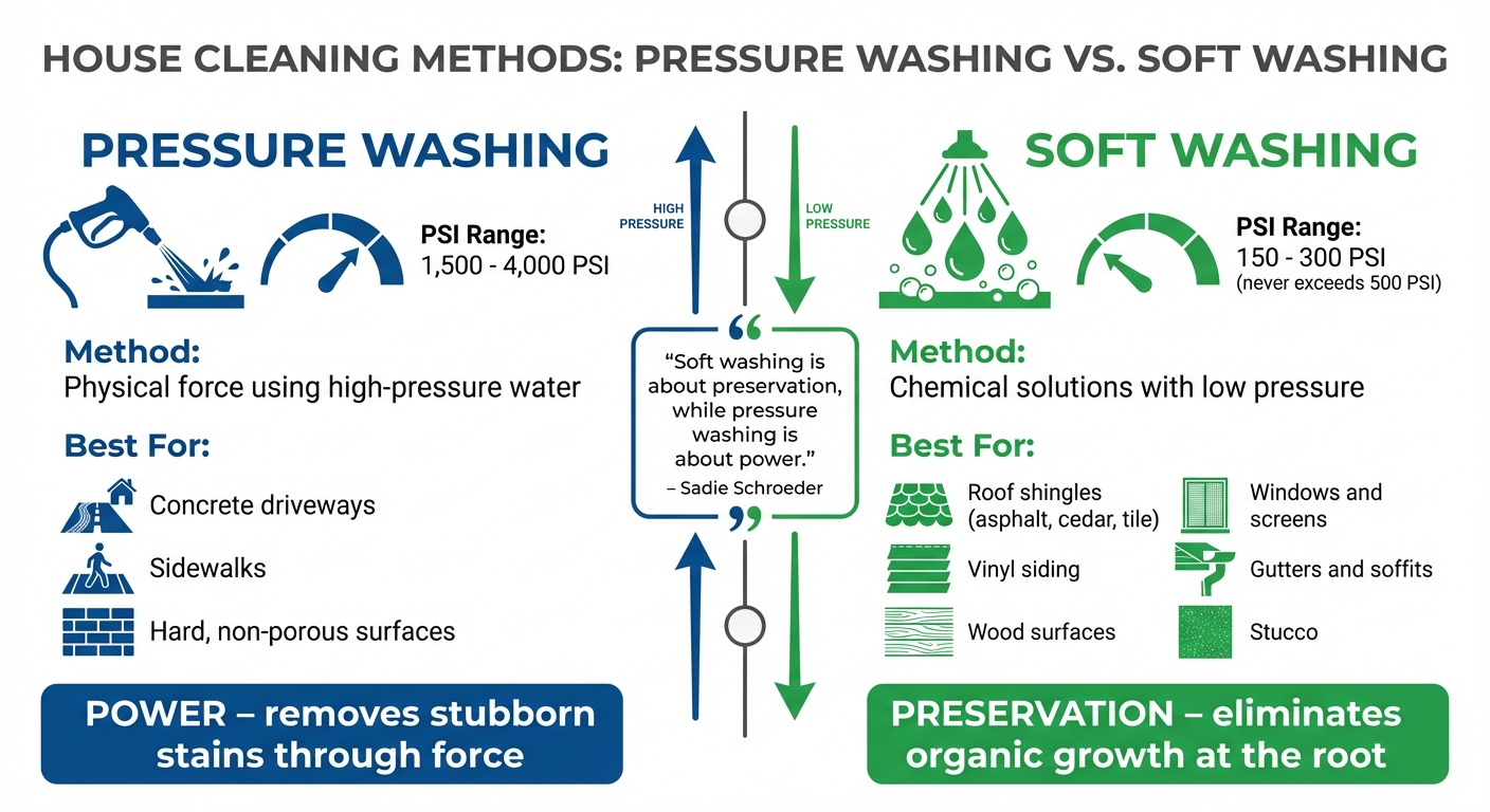 Pressure Washing vs Soft Washing: Methods, PSI Levels, and Best Surfaces