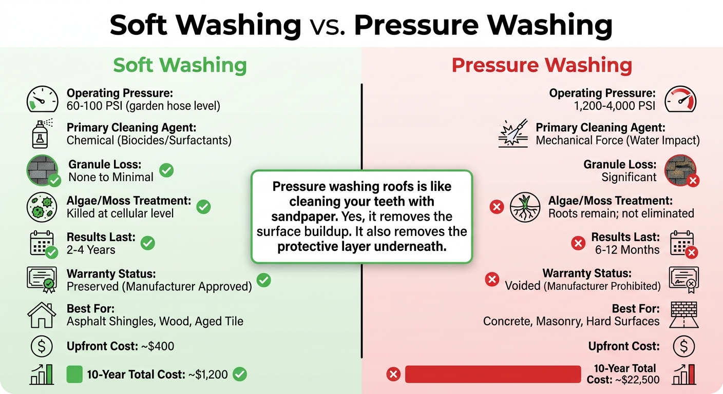 Soft Washing vs Pressure Washing: Comparison Chart for Roof Cleaning