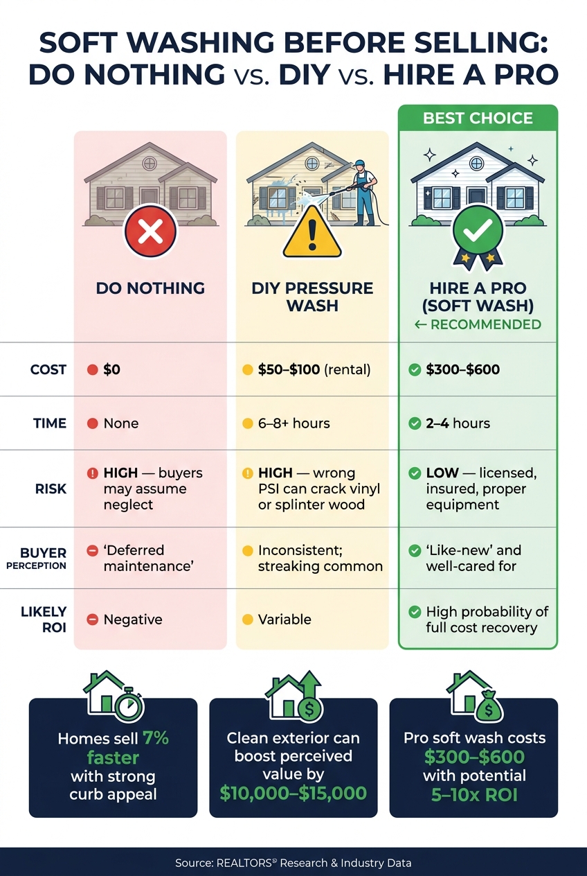 Soft Washing Before Selling: Do Nothing vs. DIY vs. Hire a Pro