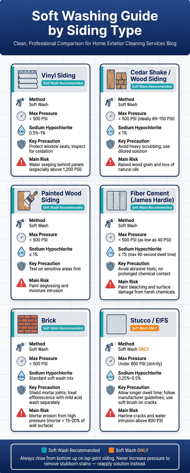Soft Washing Guide by Siding Type: Pressure, Chemistry & Risks