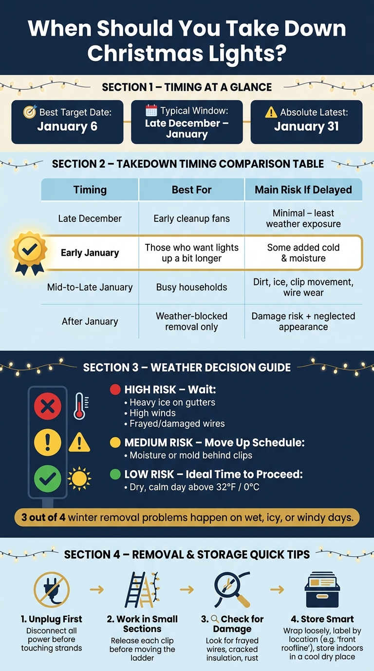 Christmas Light Takedown Timing: When to Remove, Wait, or Act Fast
