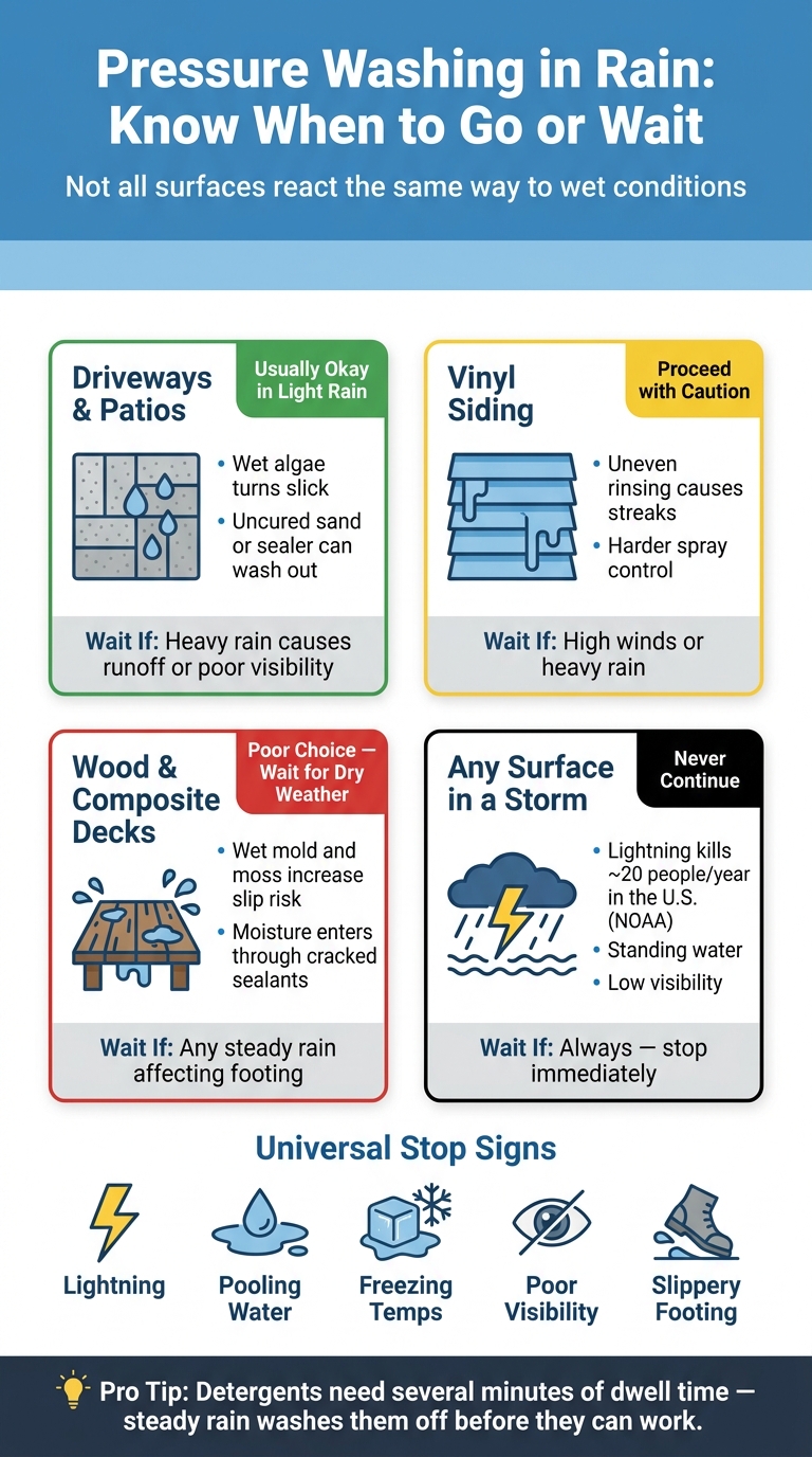 Pressure Washing in Rain: Surface-by-Surface Safety Guide