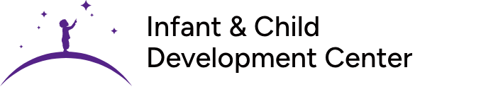 Logo of Infant & Child Development Center showing a child reaching up surrounded by stars above a curved line.