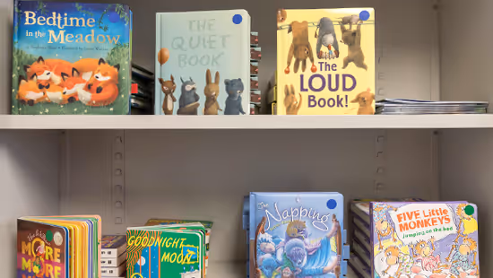 Children's books on a shelf including titles Bedtime in the Meadow, The Quiet Book, The Loud Book, and Five Little Monkeys.
