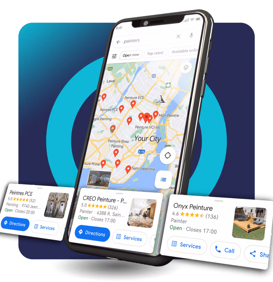 seo for contractors image of a phone, businesses ranking on google maps