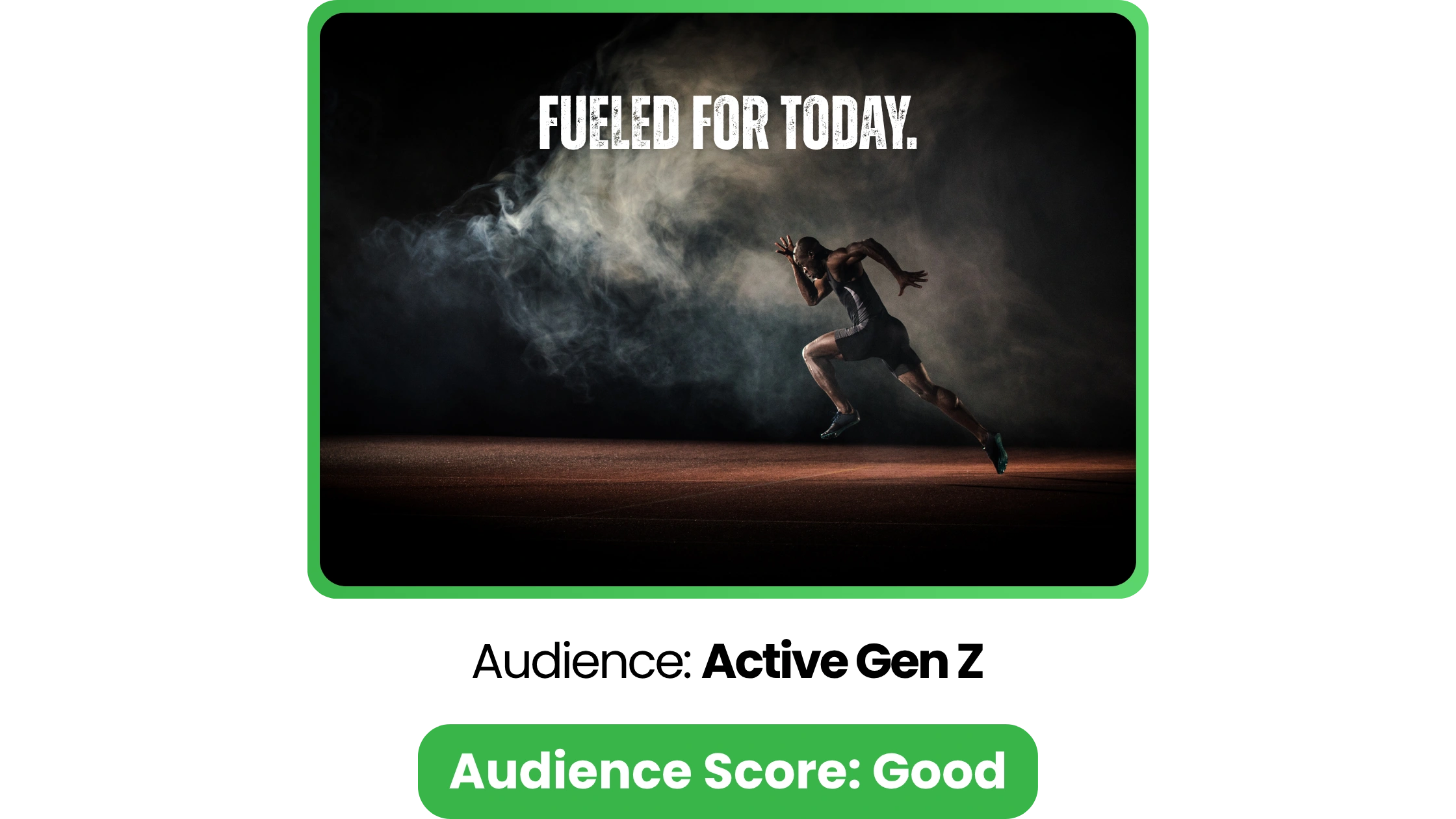 Ad creative tested for Active Gen Z audience showing a sprinter launching into a run with bold text ‘Fueled For Today,’ and a green audience score rating of ‘Good’ from AdSkate’s AI-powered audience analysis.