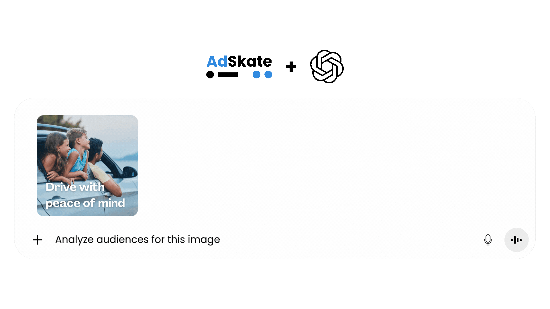 GIF showing AdSkate’s MCP integration analyzing an ad creative inside ChatGPT, delivering instant audience insights and performance scores.