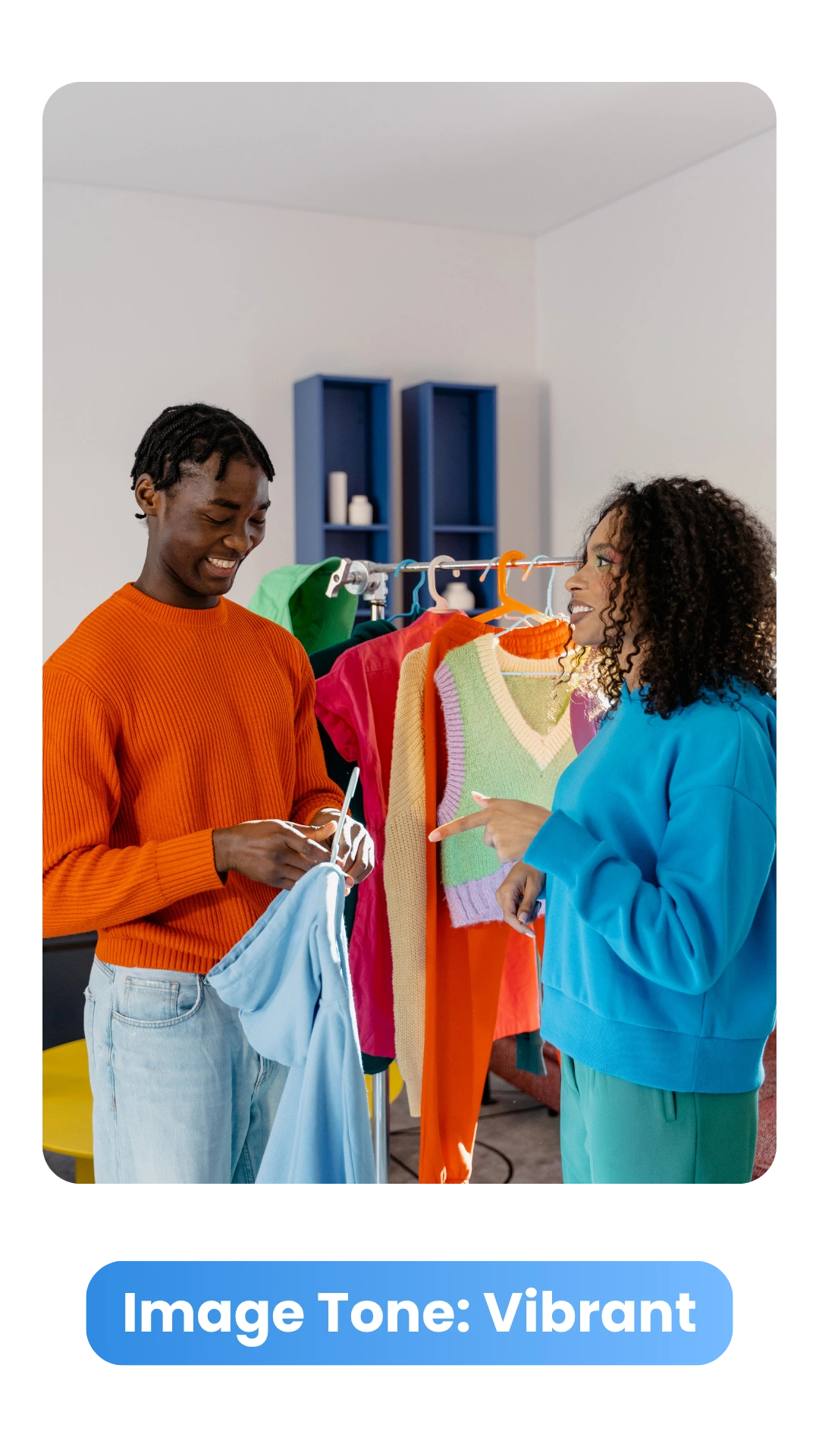 Two people discussing vibrant fashion pieces, demonstrating emotional engagement in organic social content