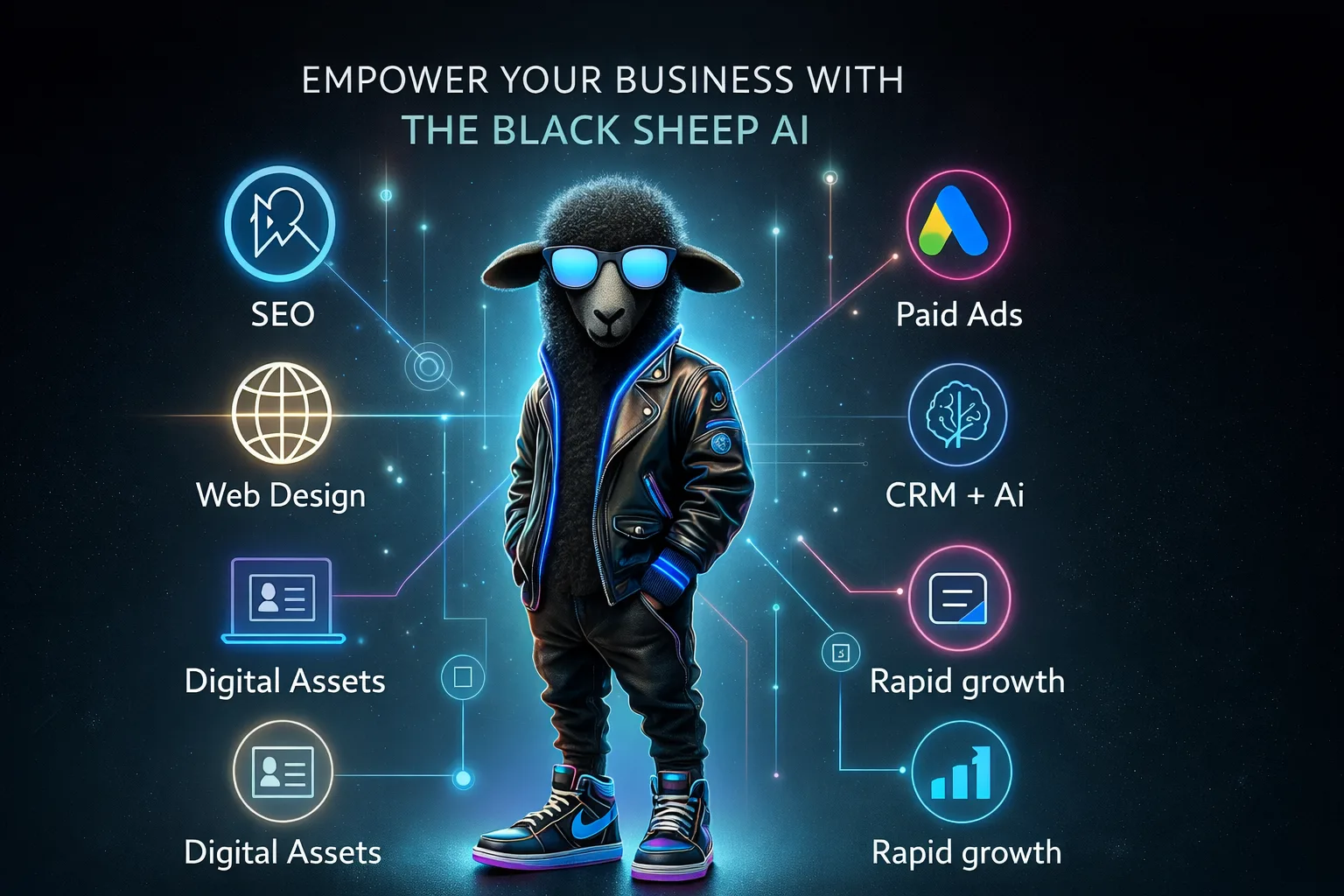 The Black Sheep AI - futuristic cyber black sheep with neon green digital energy