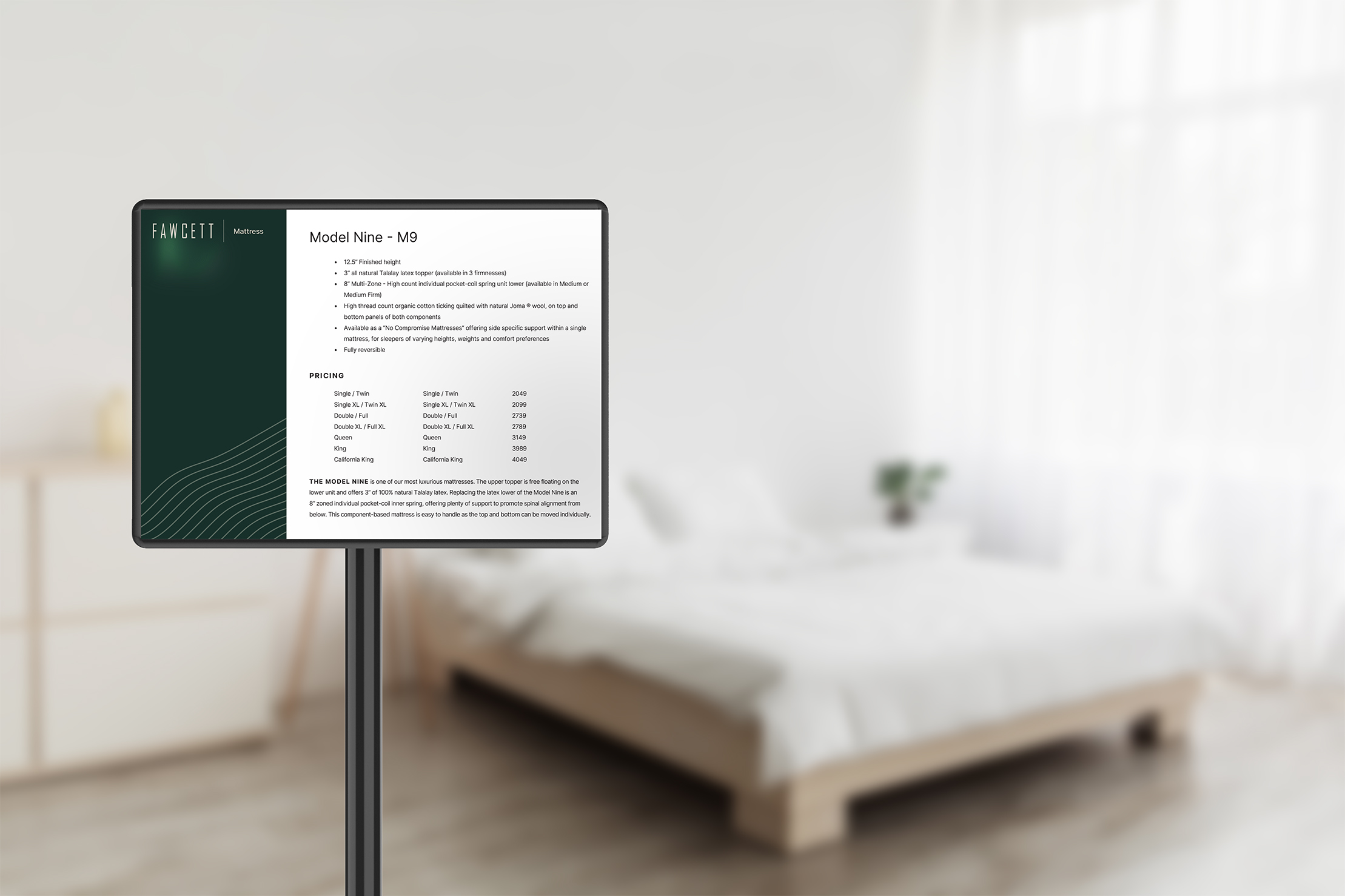 A Fawcett Mattress pricing sheet.