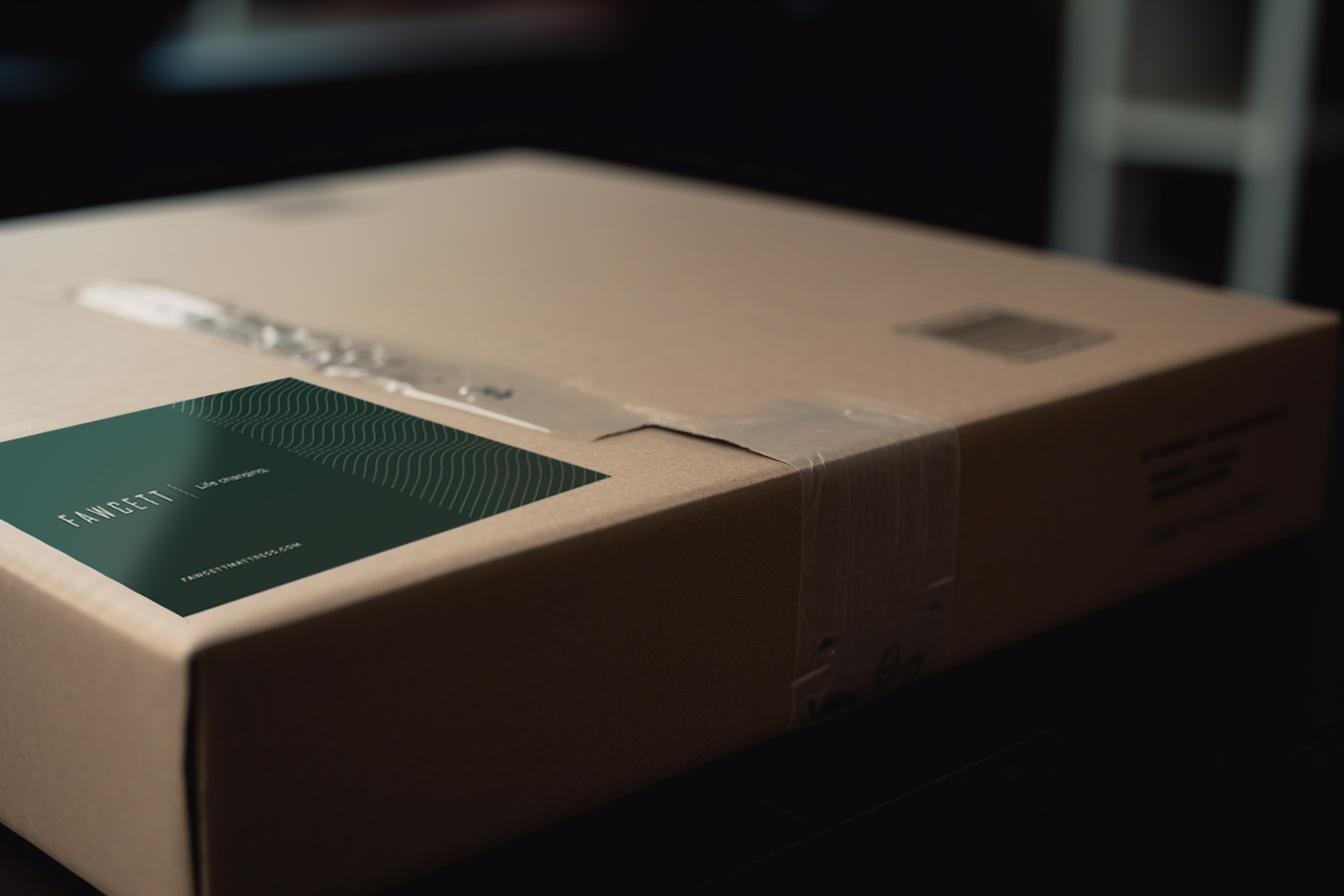 A cardboard box featuring a Fawcett shipping sticker.