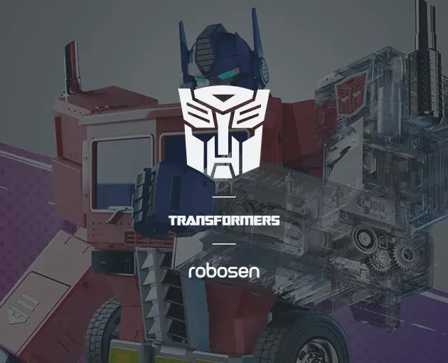 Robosen Transformers toy displaying a detailed red and blue robot resembling Optimus Prime with a transparent mechanical arm design.