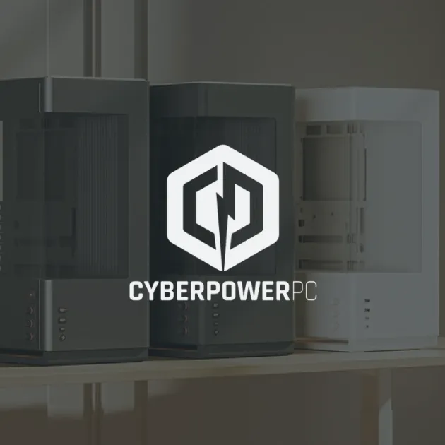 Two black and one white CyberPowerPC computer cases on a shelf with the CyberPowerPC logo and text overlay.
