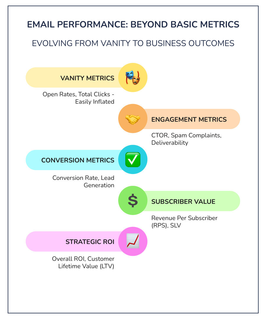 Infographic showing the evolution from basic email metrics like open rates and click rates to advanced performance KPIs including ROI, customer lifetime value, and conversion rates, displayed within the CRISPx methodology framework with arrows indicating progression from vanity metrics to business-outcome focused measurements - email marketing program performance infographic infographic-line-5-steps-colors