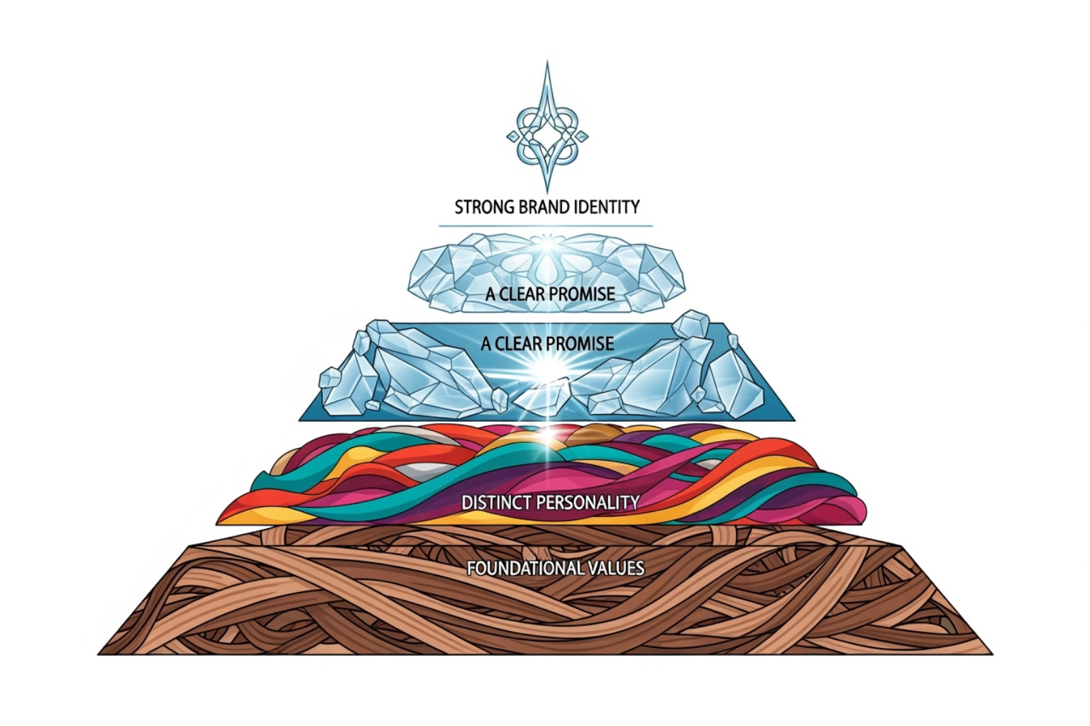 Image of a brand strategy pyramid showing values, personality, promise, and identity - small business branding services