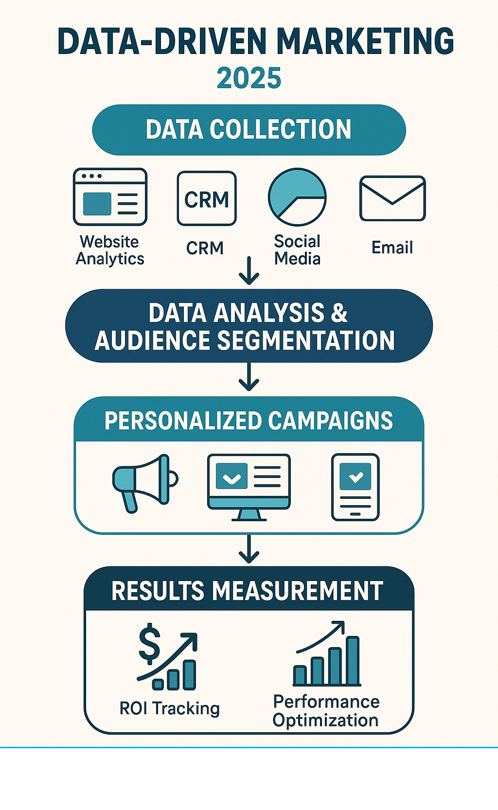 Infographic showing the complete data-driven marketing flow: Starting with data collection from multiple sources (website analytics, CRM, social media, email), flowing through data analysis and audience segmentation, then branching into personalized campaigns across different channels, and finally measuring results through ROI tracking and performance optimization - data-driven marketing strategies infographic 