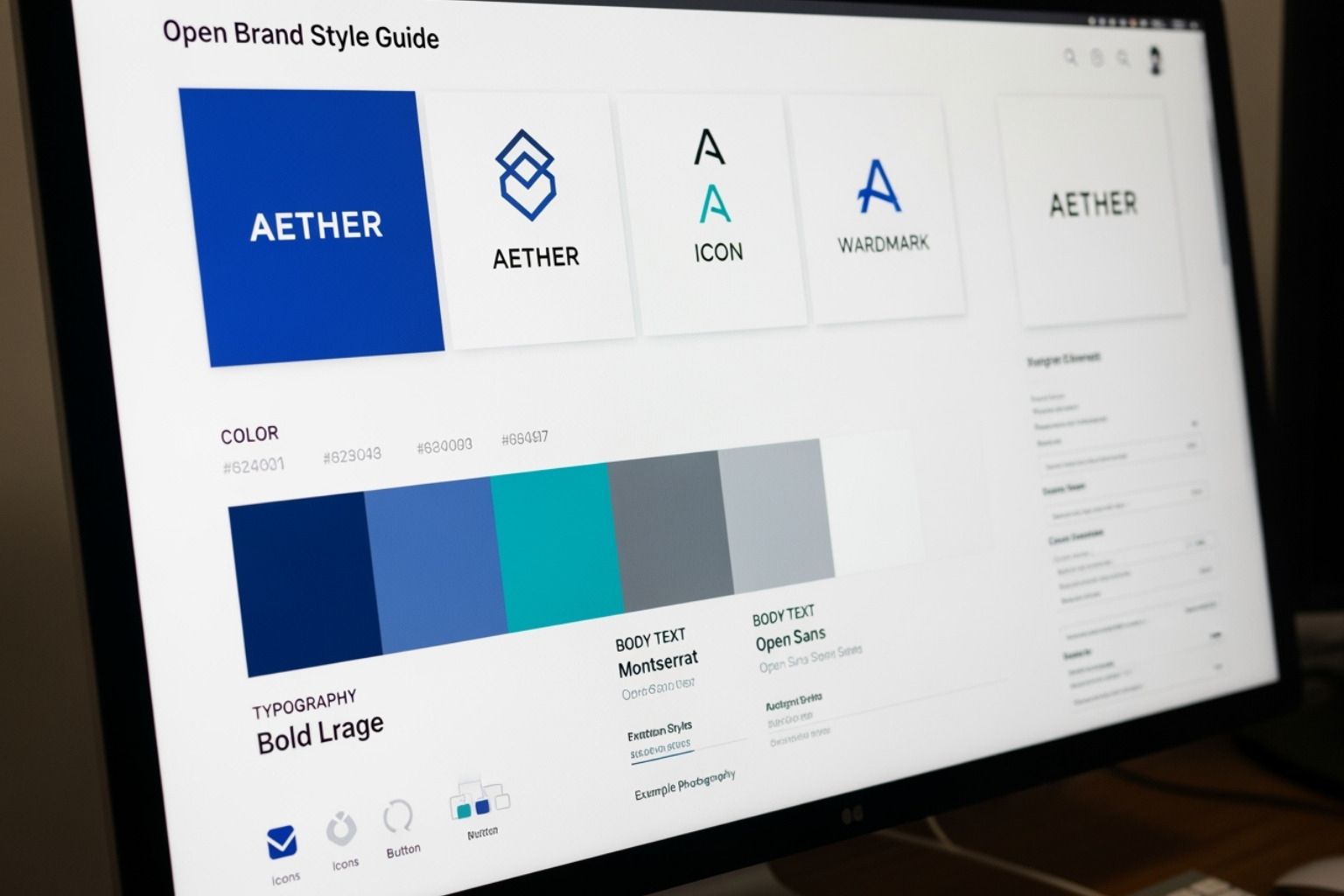 A brand style guide and logo variations being designed on a computer screen, showcasing brand strategy and identity design - digital brand marketing agency