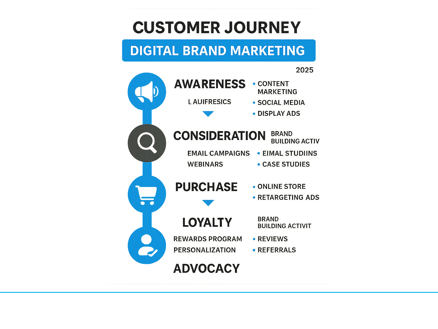 Comprehensive infographic showing the customer journey from initial brand awareness through consideration, purchase, loyalty, and advocacy phases, with specific digital touchpoints and brand-building activities at each stage - digital brand marketing agency infographic 