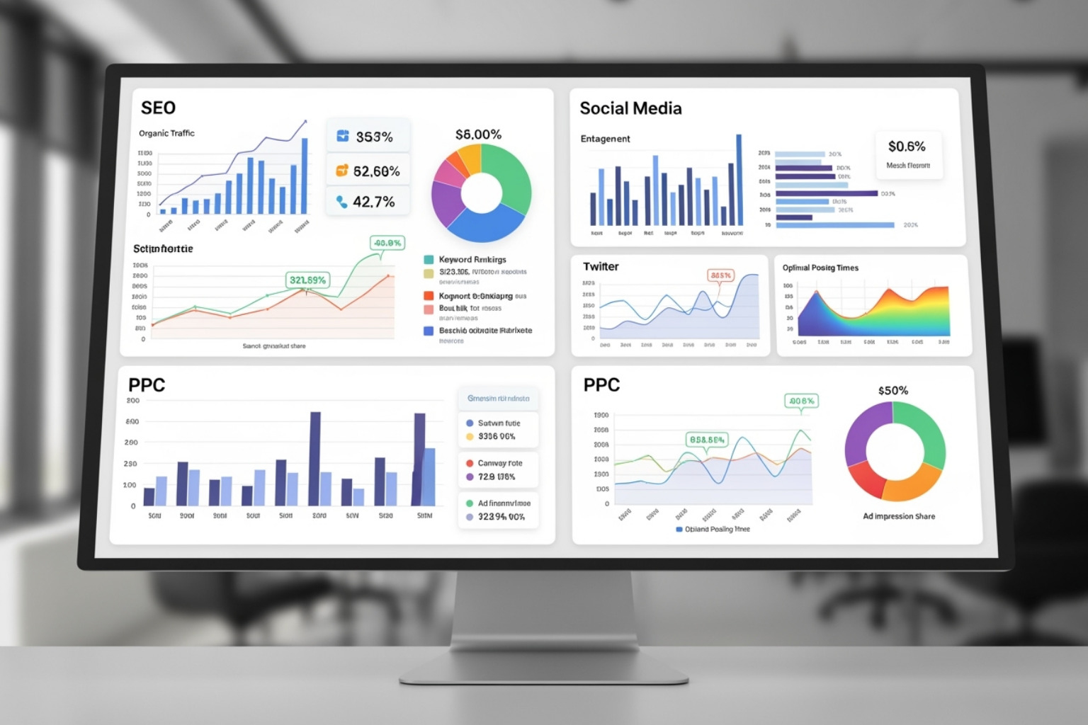A dashboard showing multi-channel campaign performance across SEO, Social Media, and PPC, illustrating growth marketing in action - digital brand marketing agency