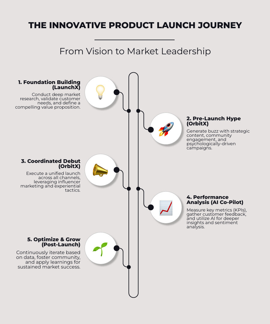 Core phases of innovative product launch strategies showing Pre-Launch foundation building with market research and beta testing, Launch execution with coordinated campaigns across channels, and Post-Launch optimization with feedback analysis and community building - innovative product launch strategies infographic infographic-line-5-steps-neat_beige