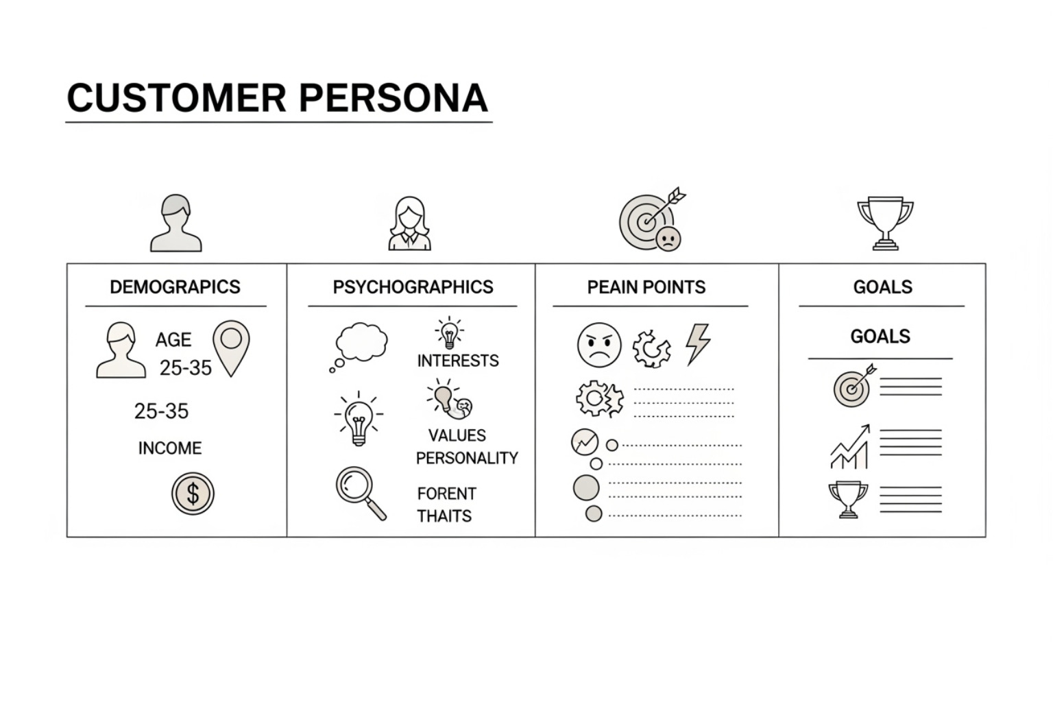 A detailed customer persona template showing demographics, psychographics, pain points, and goals - product launch marketing plans