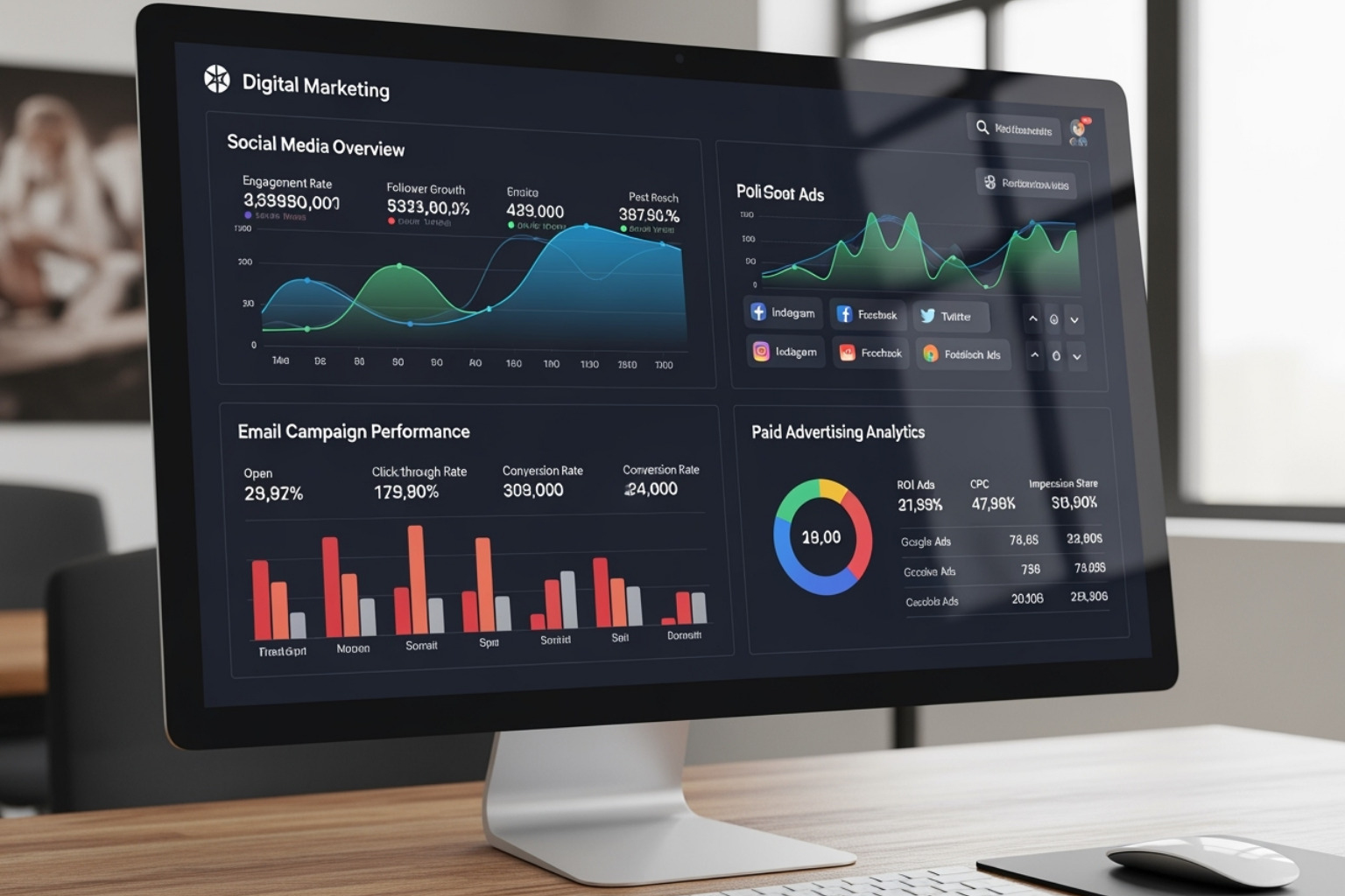 A multi-channel marketing campaign dashboard showing analytics for social media, email, and paid ads - product launch marketing plans