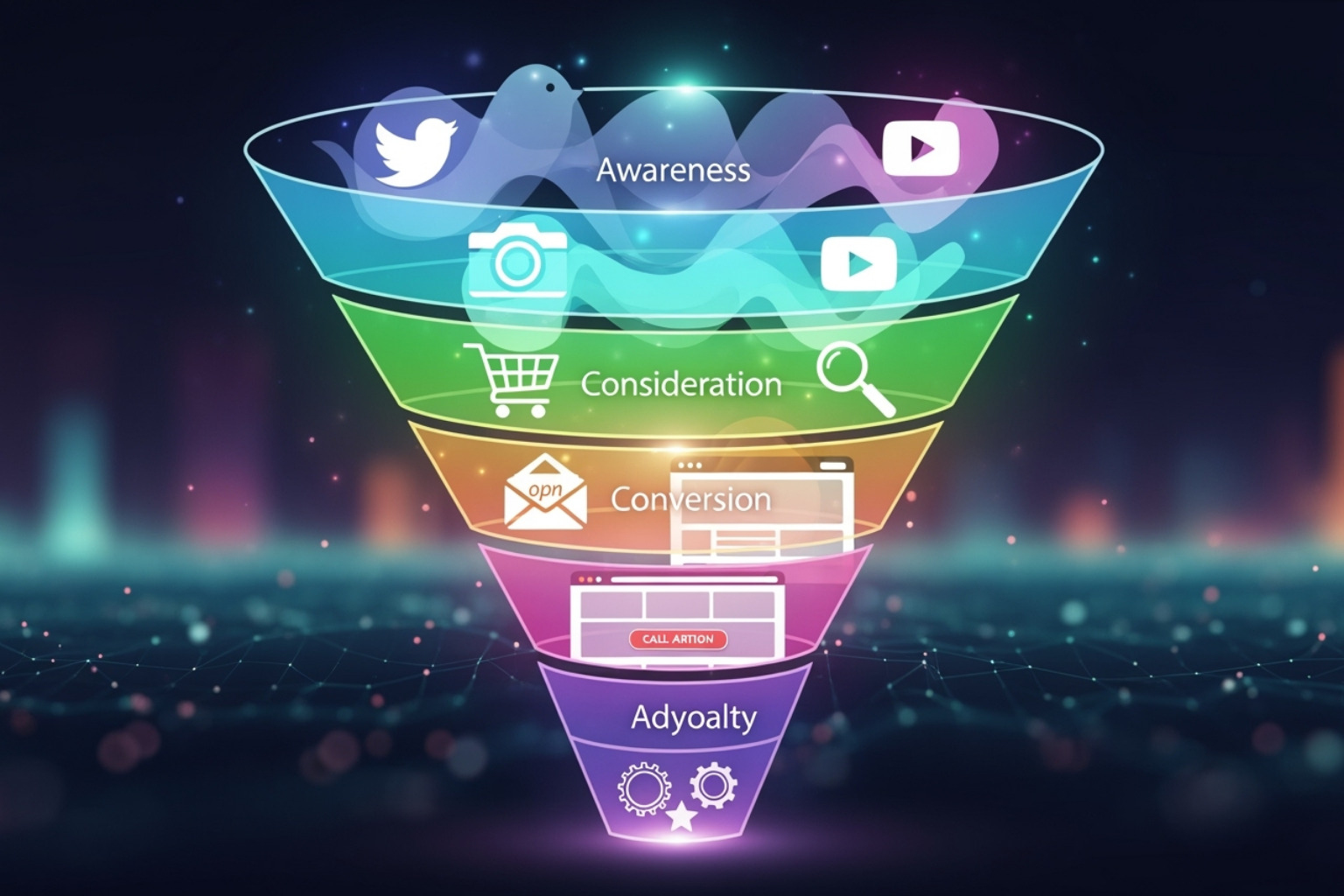 marketing funnel with touchpoints like social media, website, and email - brand strategy design