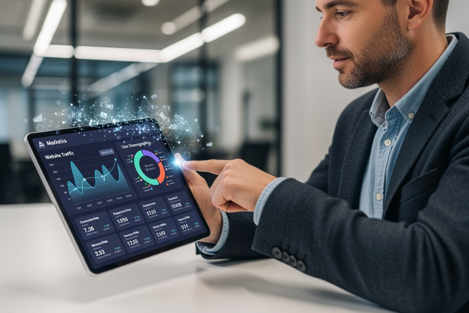 marketer interacting with an AI-powered analytics platform on a tablet - tracking marketing performance