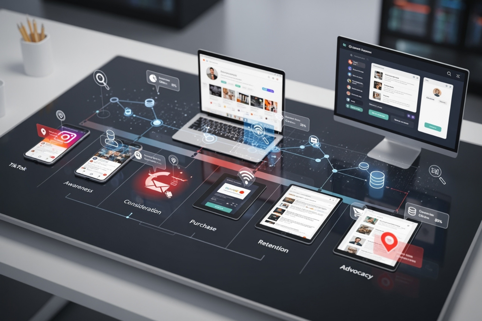 Customer journey map overlaid with data touchpoints, illustrating how tracking data informs understanding of user behavior - marketing campaign tracking