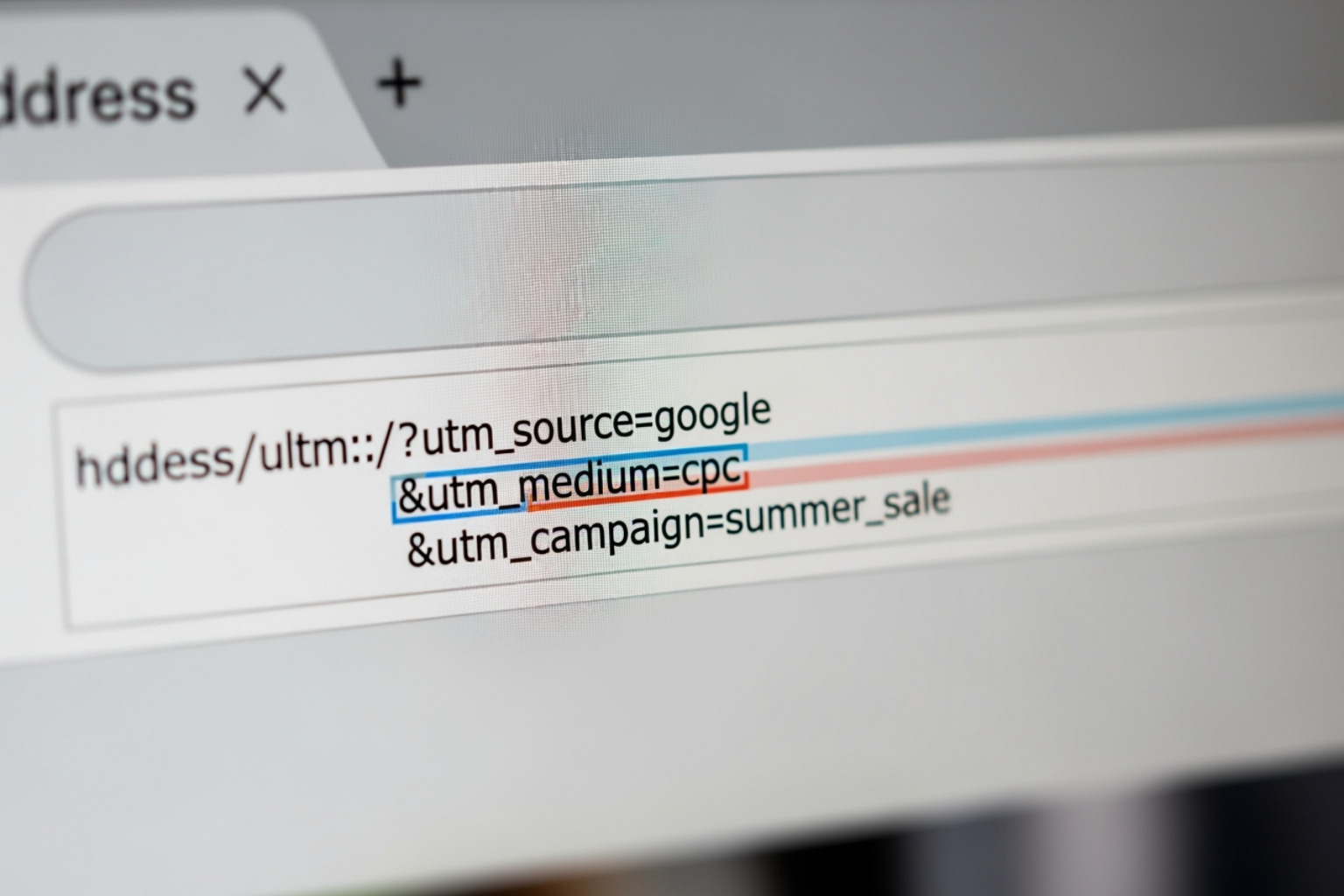 A URL with UTM parameters highlighted, showing source, medium, and campaign - marketing campaign tracking