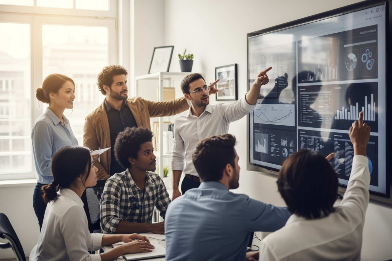 marketing team analyzing complex data sets on a large screen - advanced marketing analytics