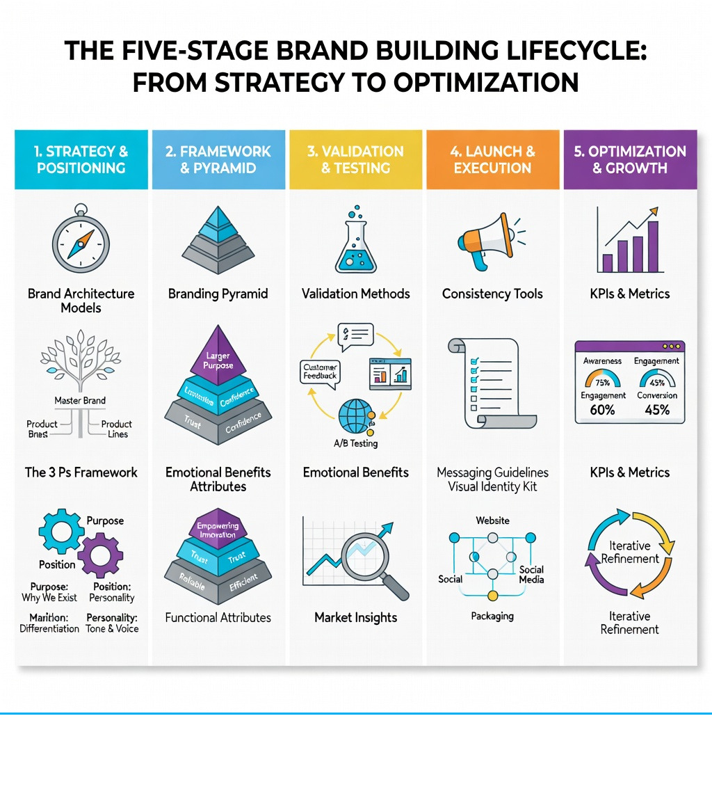 detailed process infographic showing the five-stage brand building lifecycle from strategy and positioning through launch and optimization, with key frameworks including brand architecture models, the 3 Ps framework, branding pyramid, validation methods, and consistency tools - how to build product service brand infographic 