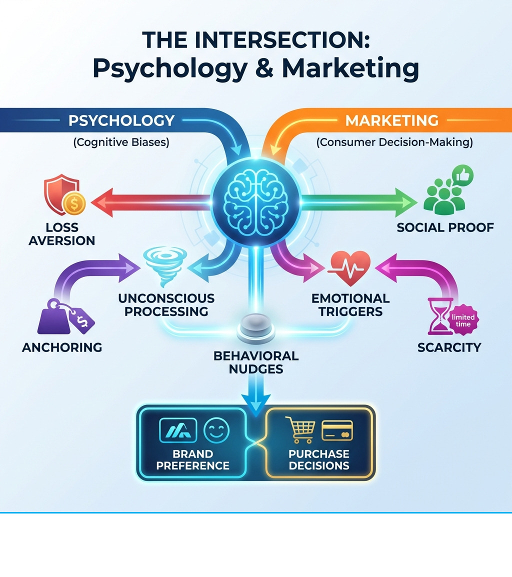 Infographic showing the intersection of psychology and marketing: cognitive biases (loss aversion, anchoring, social proof, scarcity) influence consumer decision-making through unconscious processing, emotional triggers, and behavioral nudges, leading to brand preference and purchase decisions - human psychology in marketing infographic 