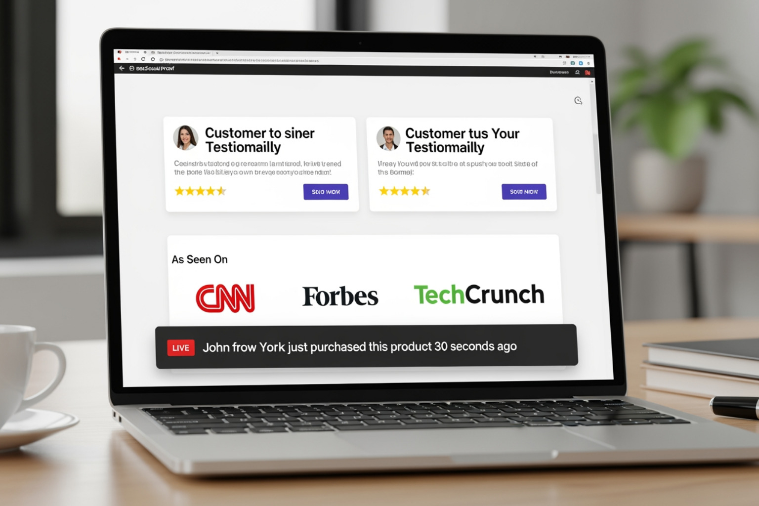 Examples of real-world social proof: customer testimonials, "As Seen On" media logos, and live purchase notifications showing recent activity - human psychology in marketing