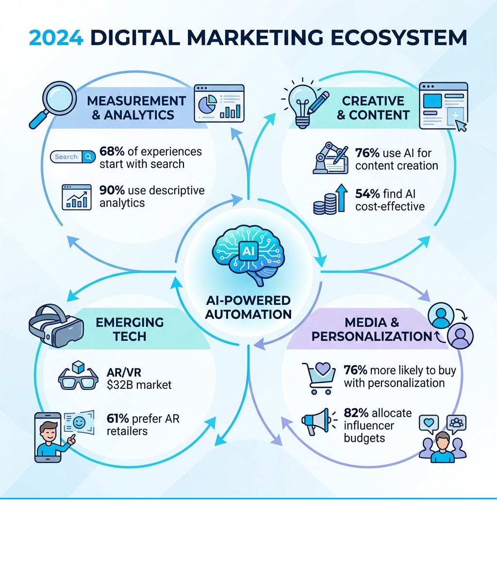 Infographic showing the 2025 digital marketing ecosystem with interconnected elements: AI-powered automation at the center, surrounded by measurement & analytics (68% of experiences start with search, 90% use descriptive analytics), creative & content (76% use AI for content creation, 54% find AI cost-effective), media & personalization (76% more likely to buy with personalization, 82% allocate influencer budgets), and emerging tech (AR/VR $32B market, 61% prefer AR retailers) - innovative digital marketing solutions infographic Infographic showing the 2025 digital marketing ecosystem with interconnected elements: AI-powered automation at the center, surrounded by measurement & analytics (68% of experiences start with search, 90% use descriptive analytics), creative & content (76% use AI for content creation, 54% find AI cost-effective), media & personalization (76% more likely to buy with personalization, 82% allocate influencer budgets), and emerging tech (AR/VR $32B market, 61% prefer AR retailers) - innovative digital marketing solutions infographic