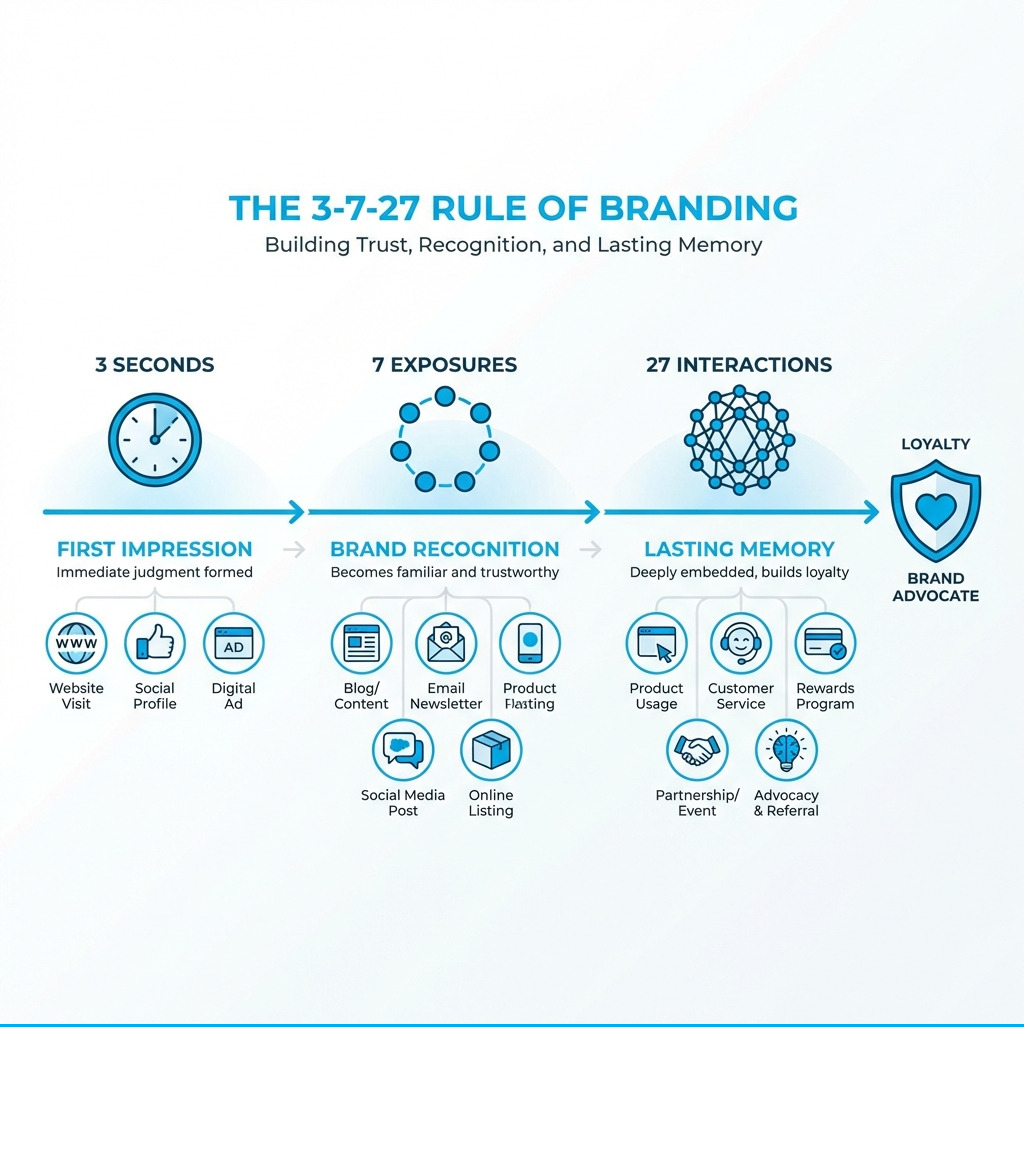 Infographic showing the 3-7-27 rule of branding: 3 seconds to form first impression, 7 exposures needed for brand recognition, and 27 interactions required for lasting memory. Includes visual timeline showing customer journey from awareness to loyalty, with icons representing touchpoints like website visits, social media, emails, and product interactions. - branding packages for startups infographic Infographic showing the 3-7-27 rule of branding: 3 seconds to form first impression, 7 exposures needed for brand recognition, and 27 interactions required for lasting memory. Includes visual timeline showing customer journey from awareness to loyalty, with icons representing touchpoints like website visits, social media, emails, and product interactions. - branding packages for startups infographic