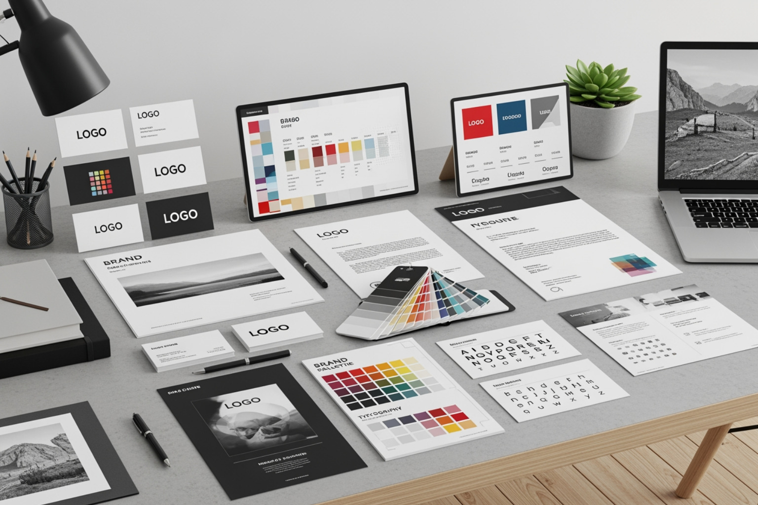 cohesive brand style guide showing logo variations, color palette, and typography - build online brand service