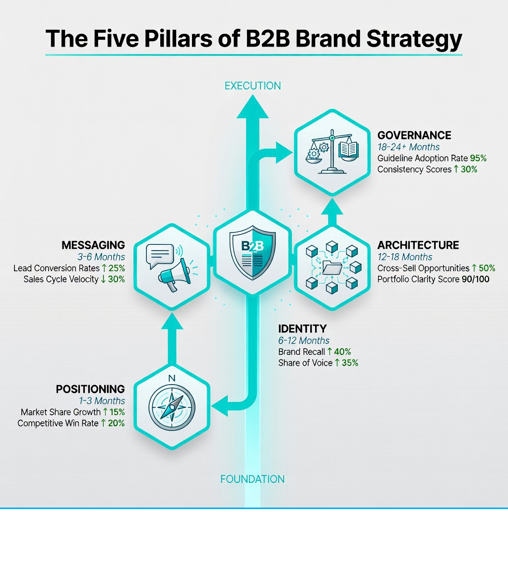 Infographic showing the five pillars of B2B brand strategy: Positioning (defining your unique market space), Messaging (crafting your value story), Identity (building visual and verbal consistency), Architecture (organizing your product portfolio), and Governance (maintaining brand standards at scale). Each pillar shows timeline to impact and key metrics, flowing from foundation (positioning) through execution (governance) with arrows indicating how they build on each other to create competitive advantage. - b2b brand strategy infographic Infographic showing the five pillars of B2B brand strategy: Positioning (defining your unique market space), Messaging (crafting your value story), Identity (building visual and verbal consistency), Architecture (organizing your product portfolio), and Governance (maintaining brand standards at scale). Each pillar shows timeline to impact and key metrics, flowing from foundation (positioning) through execution (governance) with arrows indicating how they build on each other to create competitive advantage. - b2b brand strategy infographic