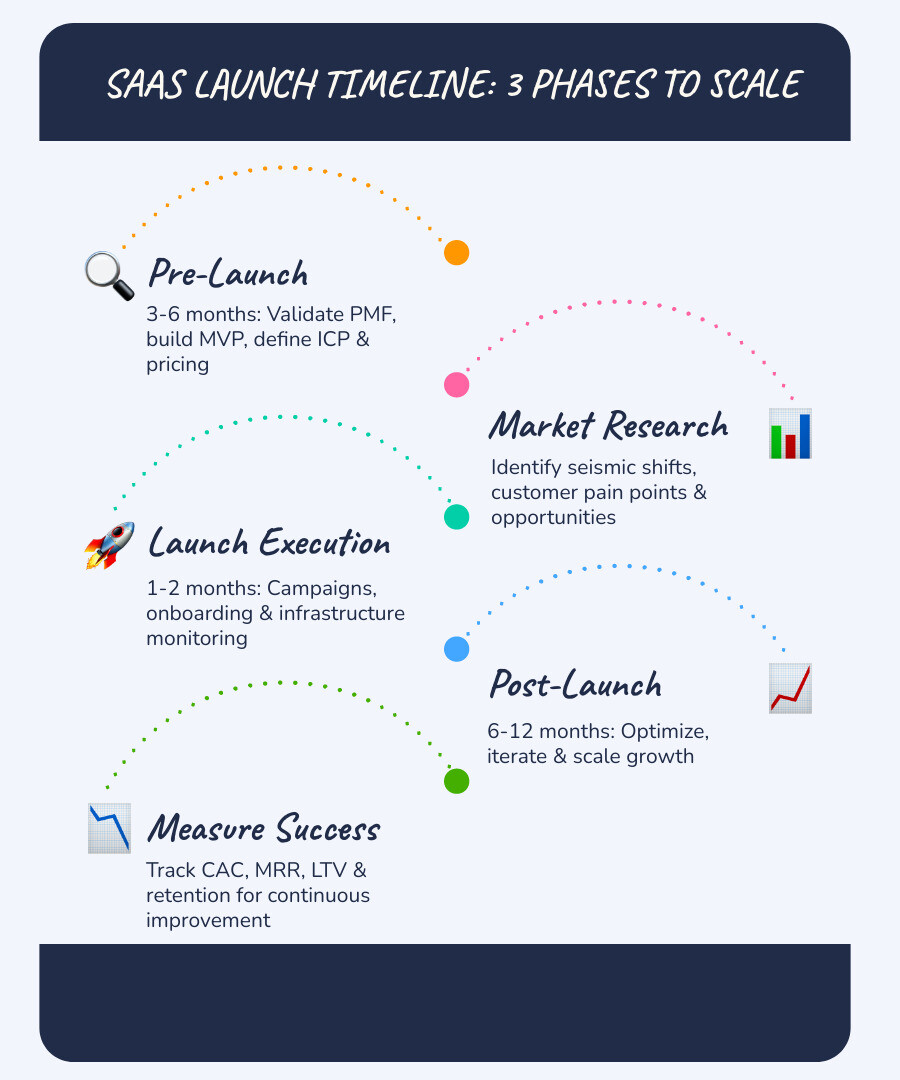 Infographic showing the three-phase SaaS launch framework: Pre-Launch phase with market research, MVP development, and pricing strategy taking 3-6 months; Launch phase with marketing campaigns, customer onboarding, and performance monitoring taking 1-2 months; Post-Launch phase with optimization, feedback iteration, and growth scaling taking 6-12 months - saas product launch strategy infographic infographic-line-5-steps-blues-accent_colors Infographic showing the three-phase SaaS launch framework: Pre-Launch phase with market research, MVP development, and pricing strategy taking 3-6 months; Launch phase with marketing campaigns, customer onboarding, and performance monitoring taking 1-2 months; Post-Launch phase with optimization, feedback iteration, and growth scaling taking 6-12 months - saas product launch strategy infographic infographic-line-5-steps-blues-accent_colors