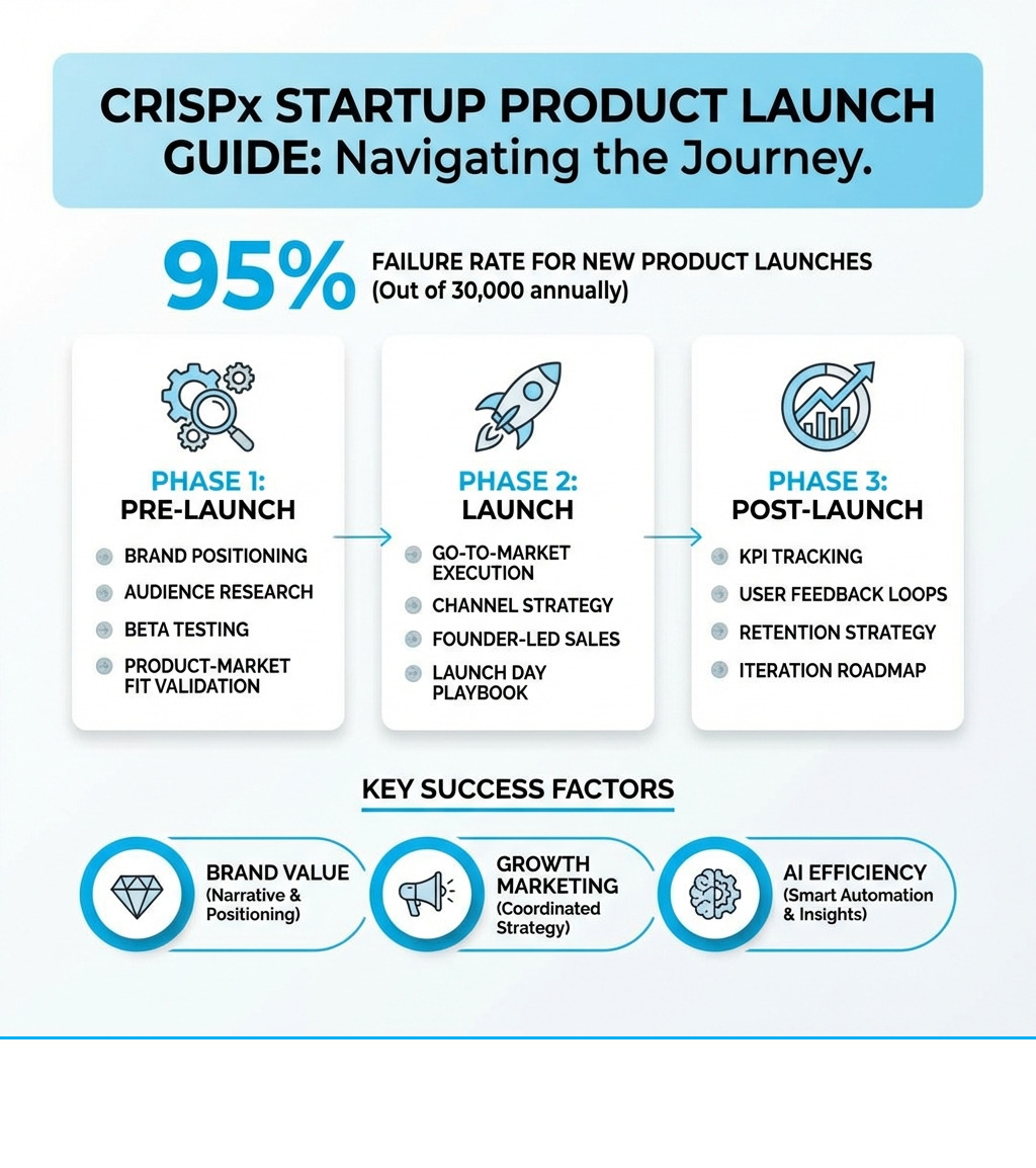 Infographic showing the CRISPx startup product launch guide phases: Phase 1 Pre-Launch covering brand positioning, audience research, beta testing, and product-market fit validation; Phase 2 Launch covering go-to-market execution, channel strategy, founder-led sales, and launch day playbook; Phase 3 Post-Launch covering KPI tracking, user feedback loops, retention strategy, and iteration roadmap; with a 95% failure rate stat at the top and key success factors including brand value, growth marketing, and AI efficiency highlighted throughout - startup product launch guide infographic 