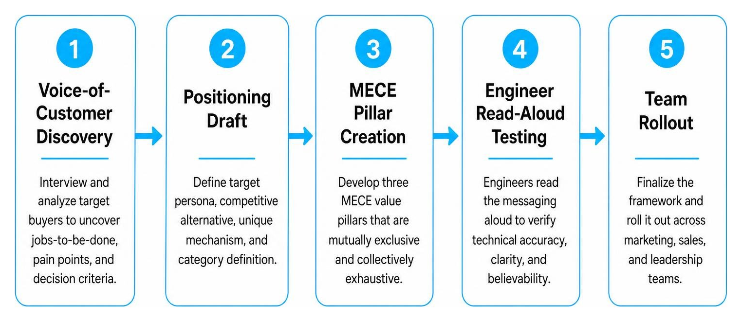 Step-by-step workflow: Voice-of-Customer discovery, positioning draft, MECE pillar creation, engineer read-aloud testing Step-by-step workflow: Voice-of-Customer discovery, positioning draft, MECE pillar creation, engineer read-aloud testing