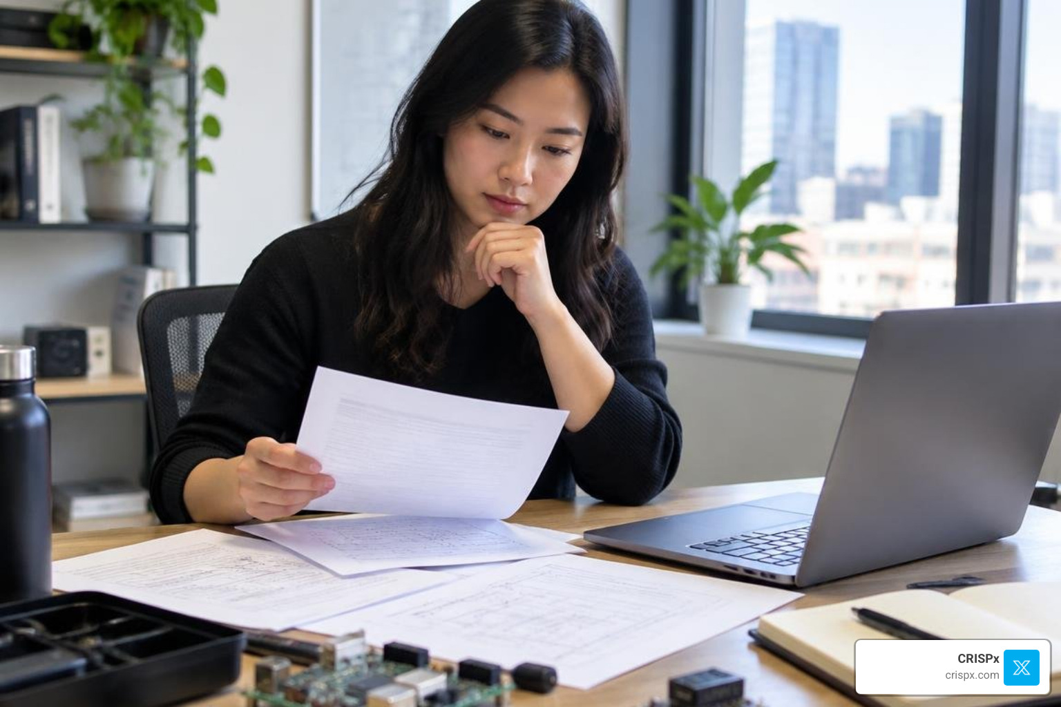 Engineer founder reviewing messaging copy alongside technical documentation during a validation session Engineer founder reviewing messaging copy alongside technical documentation during a validation session