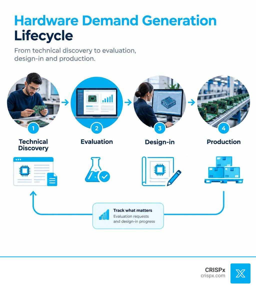 Hardware demand generation lifecycle from technical discovery to evaluation, design-in, and production infographic Hardware demand generation lifecycle from technical discovery to evaluation, design-in, and production infographic