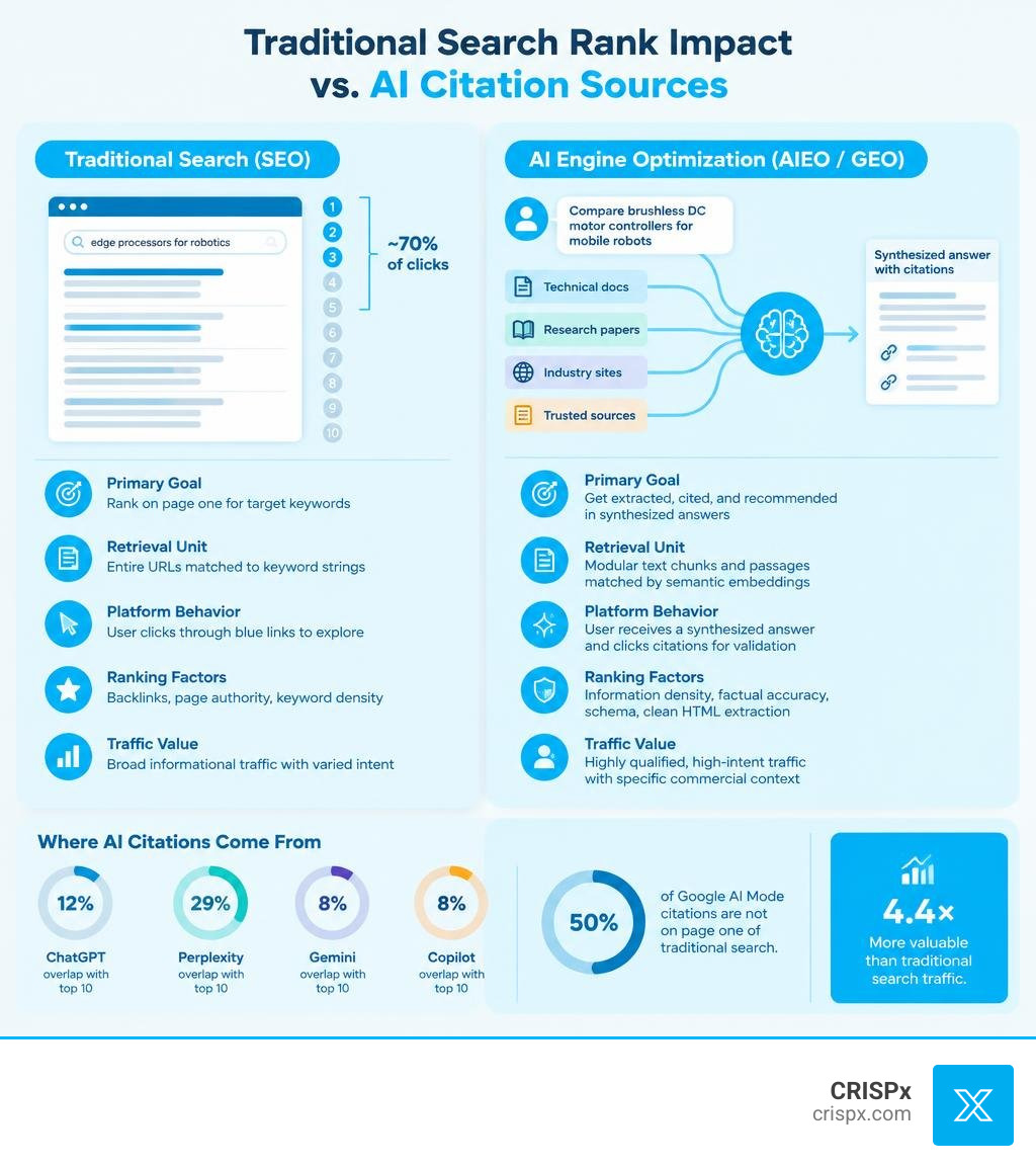 Comparison of traditional search rank impact versus AI citation sources infographic Comparison of traditional search rank impact versus AI citation sources infographic