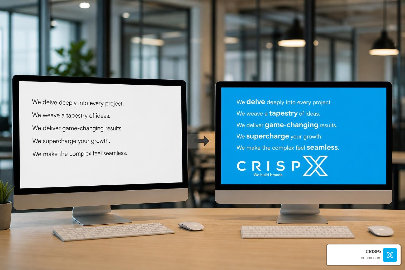 Side-by-side examples of generic AI copy and copy that follows brand rules Side-by-side examples of generic AI copy and copy that follows brand rules