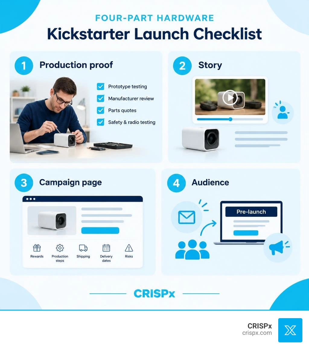 Four-part hardware Kickstarter launch checklist: production proof, story, campaign page, and audience infographic Four-part hardware Kickstarter launch checklist: production proof, story, campaign page, and audience infographic