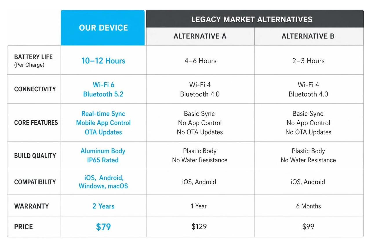 Comparison grid layout comparing hardware specs against legacy market alternatives Comparison grid layout comparing hardware specs against legacy market alternatives