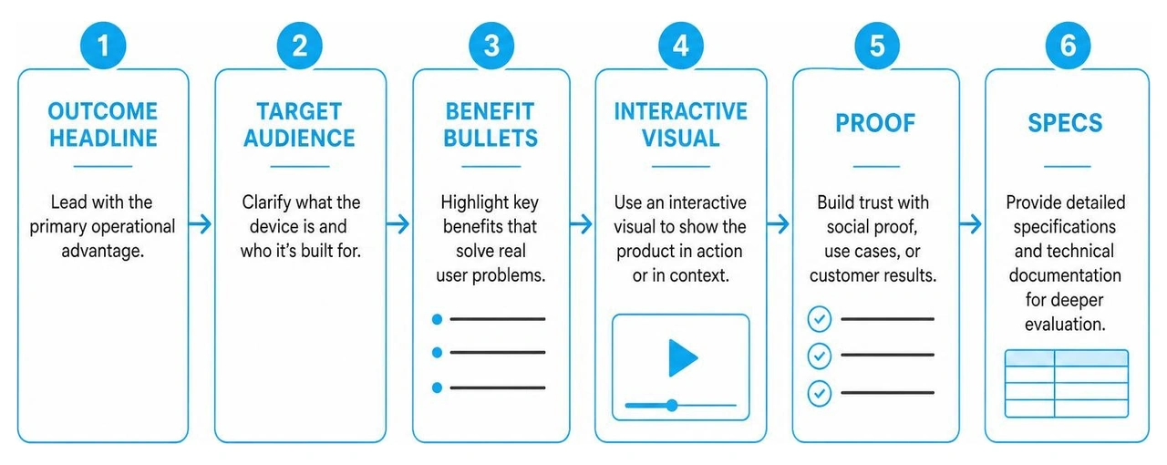 Information hierarchy sequence: outcome headline, target audience, benefit bullets, interactive visual, proof and specs
